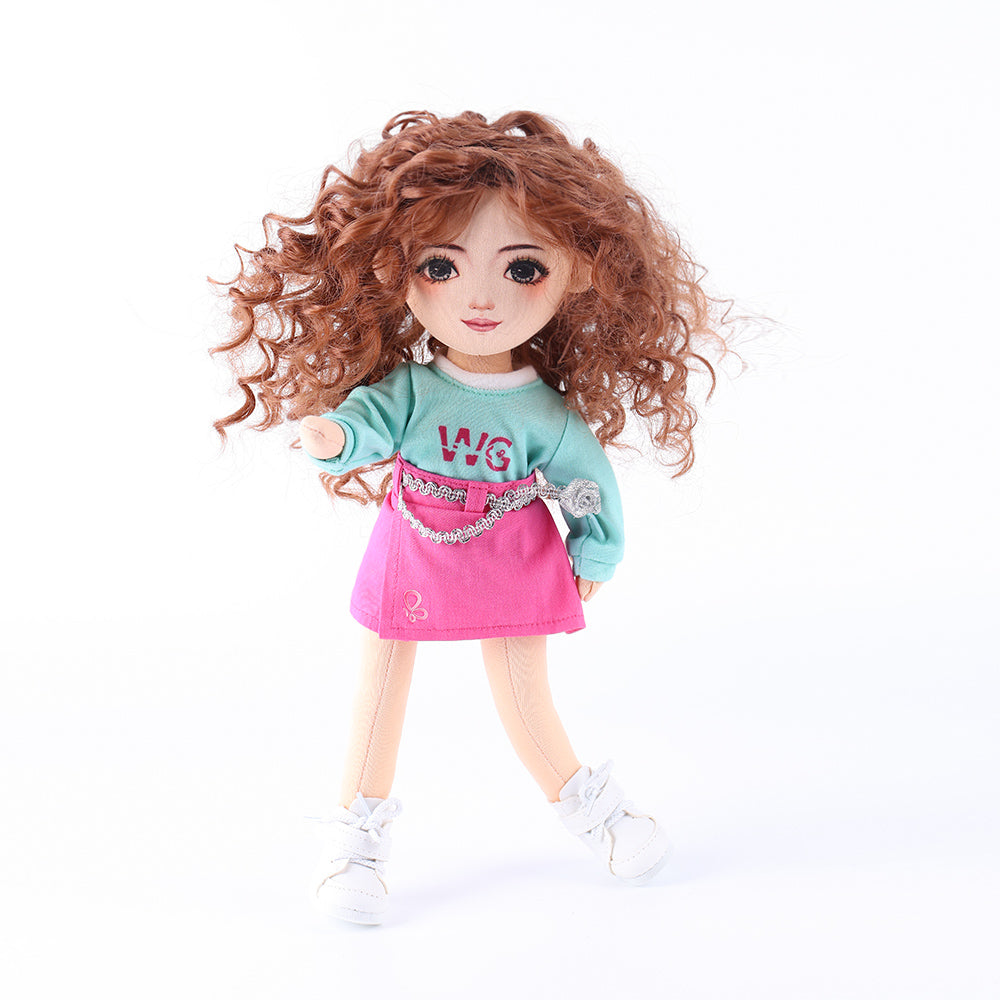 WeGirls Yufei doll in lively playful pose wearing mint green tee and pink pleated skirt"