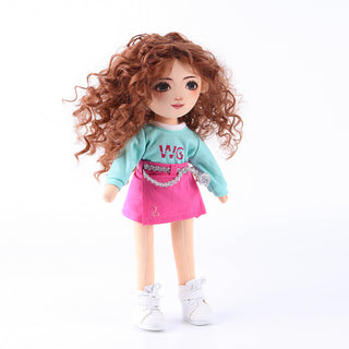 Side profile view of Yufei doll showing complete mint green tee and pink pleated skirt outfit silhouette