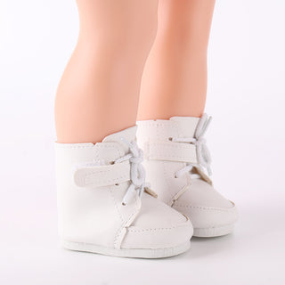 Detailed view of Yufei doll's white sneakers with colorful lace details